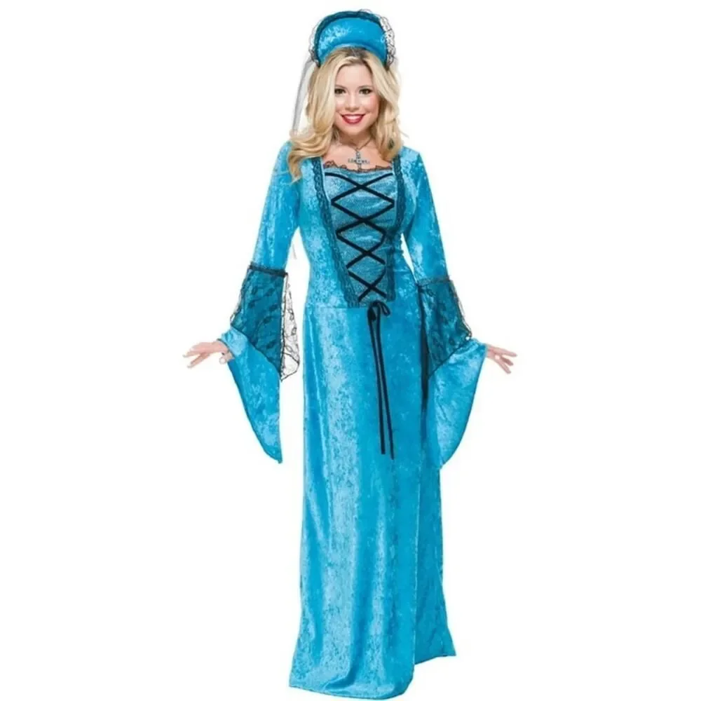 Charades Renaissance Queen Costume Blue Velvet Gown and Headpiece NEW IN PACKAGE